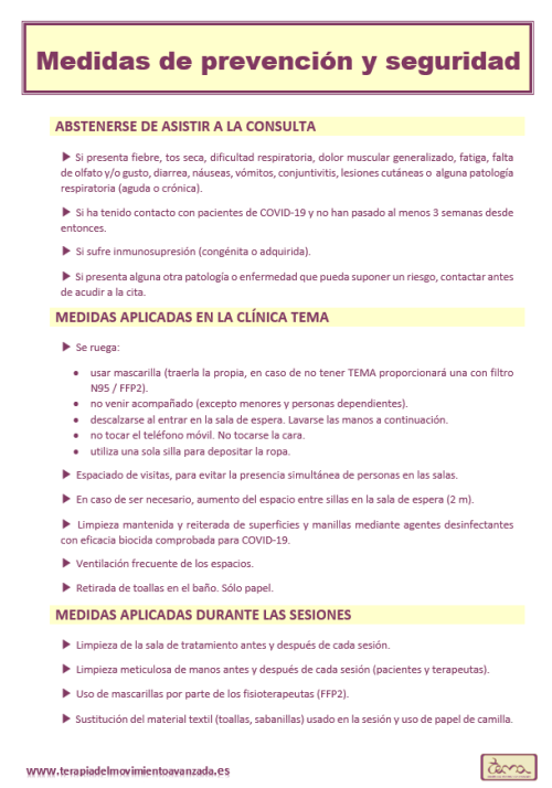 Medidas de prevención y seguridad COVID-19 en Terapia del Movimiento Avanzada Medidas de prevención y seguridad COVID-19 en Terapia del Movimiento Avanzada